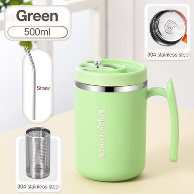 Youfap Market Stainless Steel Liner Coffee Mug With Lid, Tea Cup With Strainer And Straw, Reusable Water Bottle Office Gift Drinkware green