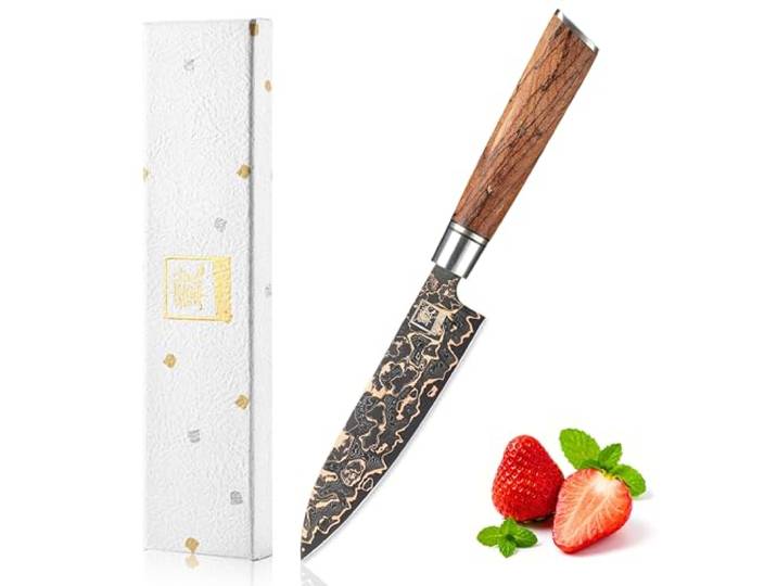 zayiko ShadowMagma Allzweckmesser mit 13cm Klinge aus 73 Lagen Damaststahl VG10-Kern, Kupfer-Bronze-Einlage, V-Schliff 15° beidseitig, Apfelwurzelholzgriff und Geschenkbox für Obst, Gemüse und Kräuter