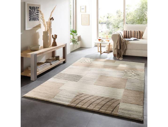 Wollteppich THEKO Nakarta 2, handgeknüpft , beige, B:190cm H:12mm L:250cm, Schurwolle, Teppiche, Wollteppich, reine Wolle, Naturtöne, Patchworkdesign, meliert, Wohnzimmer