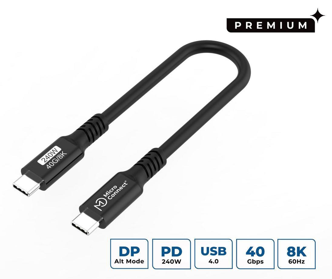 MicroConnect USB4 USB-C naar USB-C kabel, USB4 Gen 3x2, 240W, zwart, 0,15 meter