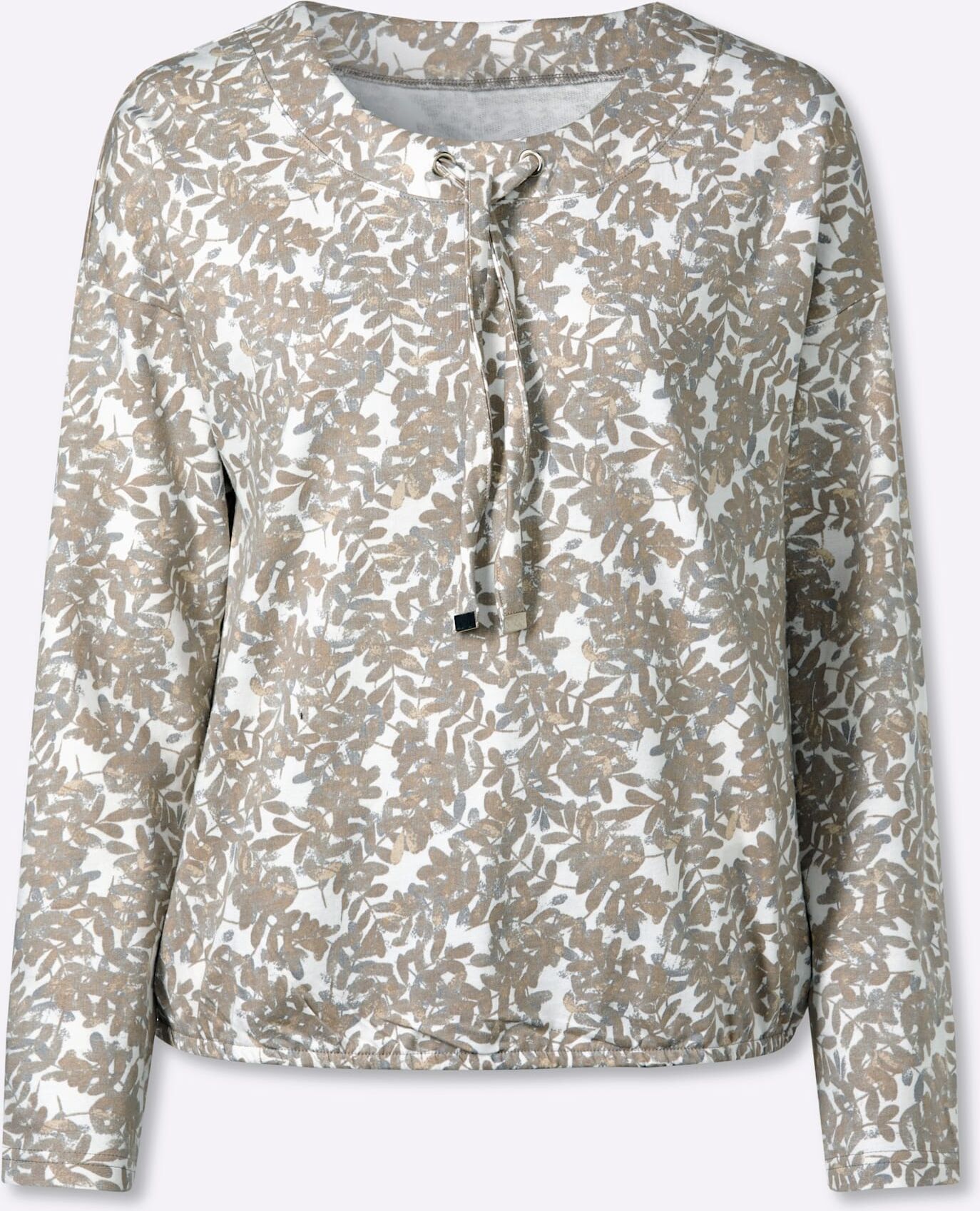 Print-Shirt "Druck-Shirt", Damen, Gr. 40, beige (sesam, grau, bedruckt), 100% Baumwolle, gemustert, mehrfarbig, Rundhals, Shirts Print-Shirt