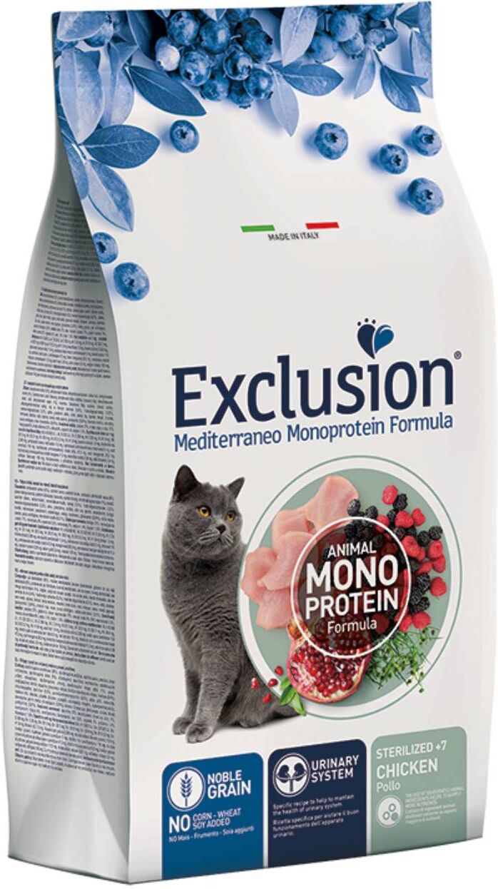 Exclusion Mediterraneo Monoproteico Noble Grain Cat Sterilized + 7 Pollo per Gatti Sterilizzati oltre i 7 anni 1,5 Kg