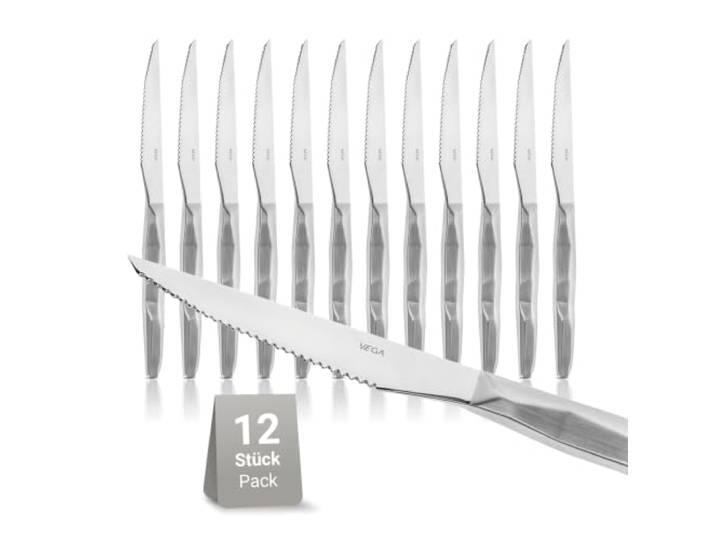 VEGA Steakmesser Diamante 12er-Set für Steak, Pizza & Fleisch Edelstahl 13/0, 6 mm Materialstärke, Kantiges Relief, Mattierter Griff, Spülmaschinenfest