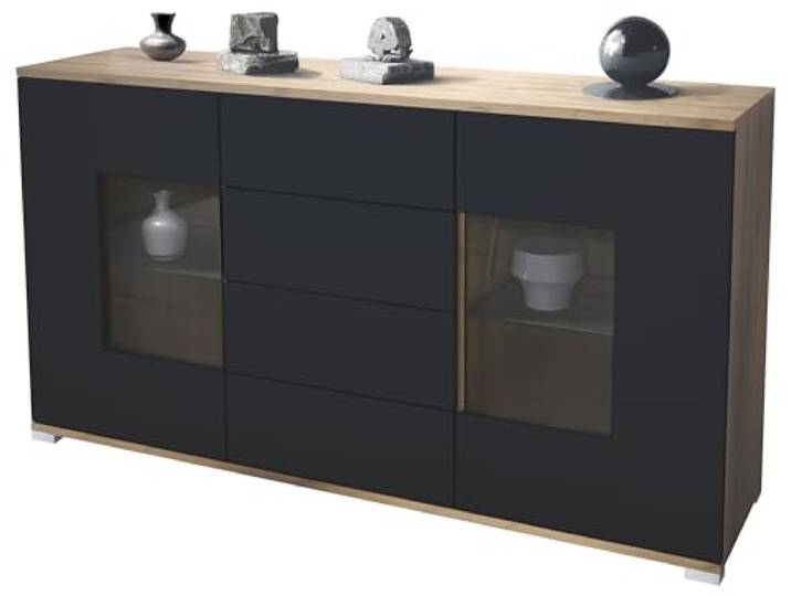 Vladon Sideboard Grömitz V1, Kommode mit 2 großen Türen und 4 Schubladen, Eiche Evoke/Schwarz matt (138,5 x 75,5 x 35)