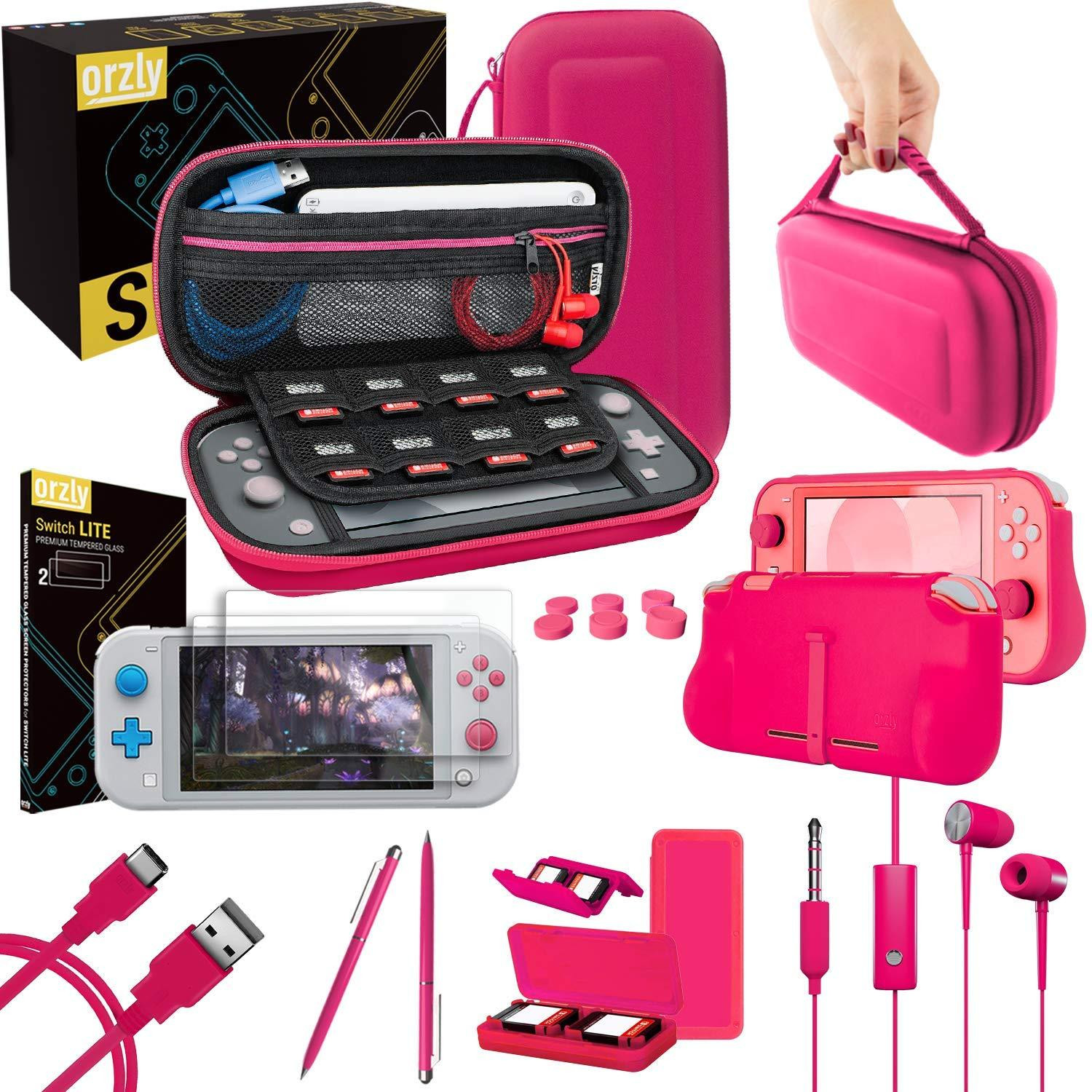 Orzly Accessoires Set voor Nintendo Switch Lite (2019) - Roze - Inclusief Beschermfolie, Hoes, USB-kabel, Spelkaarthouder, Handgreep en Hoofdtelefoon