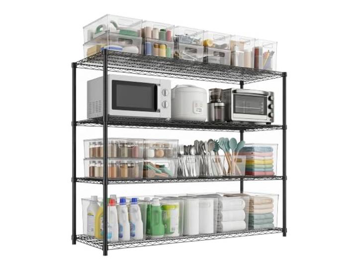 GarveeTech Metallregal Schwarz 150x45cm, 4 Ebenen Standregal Breite Lagerfläche; 4 Ebenen; Belüftetes Drahtgitter; Ideal für Speisekammer & Abstellraum