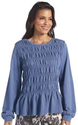 Masseys Shirred Long Sleeve Top (Women's) Casual in Washed Coastal Fjord, Size 5X, Cotton