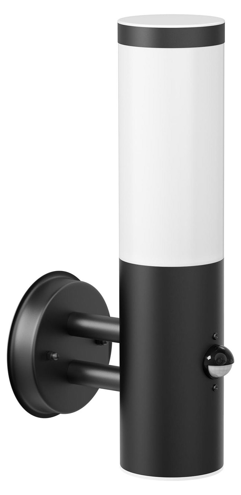 ledscom.de Wandlamp PORU voor buiten, rond, roestvrij staal, mat zwart, met bewegingsmelder, IP44, 1x E27 max. 15W