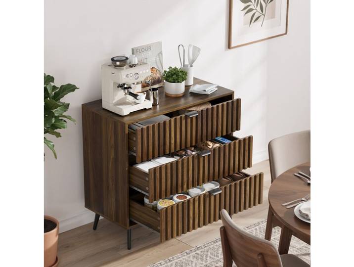 Commode noyer 80 x 39 x 78 cm 3 tiroirs rangement polyvalent poignées métal pieds métal glissières métalliques