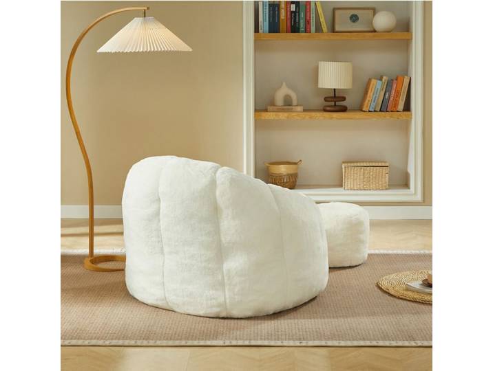 Fauteuil relax type sitzsack avec pouf AESVAR peluche imitation lapin blanc cassé 105 x 105 x 70 cm