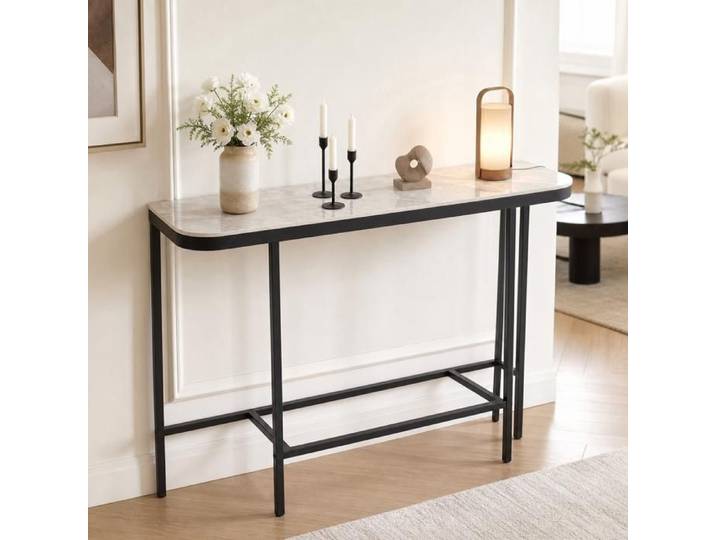 Table console - PAGE Living - faux marbre cadre métal gris 110x30x91 cm