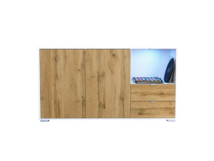 Buffet Milano commode 2 portes Chêne Evoke & 2 tiroirs Chêne Evoke corps blanc mat + LED (152 5x83x37 cm)