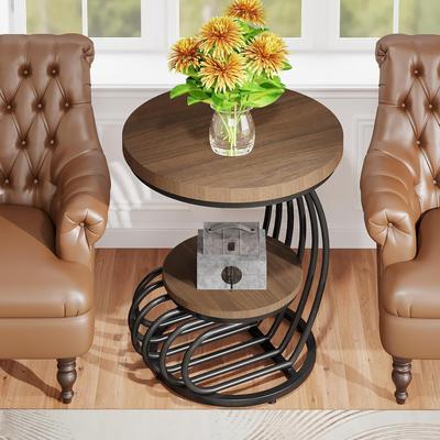 Jiallo "19.68"" Round Vintage End Table with 2-Tier Storage - Light Brow"