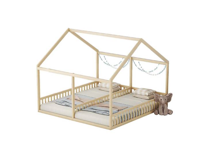 Flieks Kinderbett, Massivholz Einzelbett Doppelbett Hausbett 90x200cm 2 Liegefläche