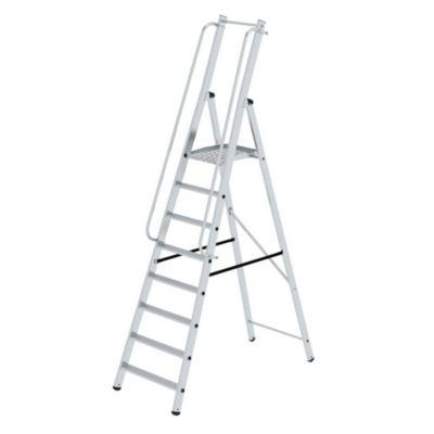 Munk Plattformleiter, 8 Stufen, Aluminium, stabile Rechteckrohr-Holme, große Plattform, Handläufe vormontiert, rutschsichere Leiterschuhe, 150 kg