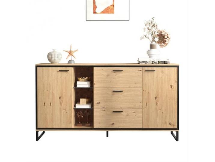 Buffet LED - Veinage exquis - 2 tiroirs - 2 portes - Noir et bois - Moderne