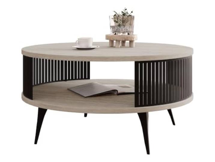Mirjan24 Couchtisch Rajkon, runde Form (Travertin/Schwarz) Moderner Wohnzimmertisch mit praktischer Ablage, stabilem Stahlgestell und pflegeleichter Oberfläche
