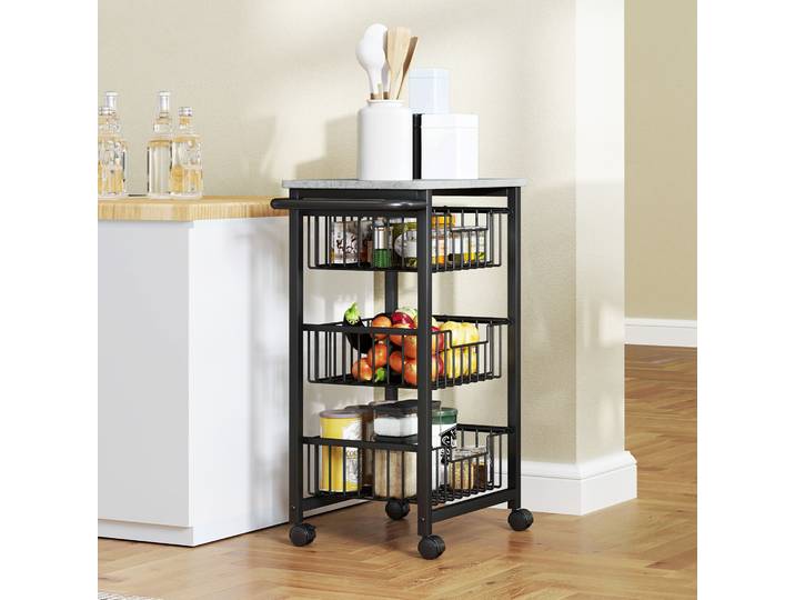 HOMCOM Chariot Cuisine 3 Paniers Acier MDF Noir Gris 49.5x31x69cm