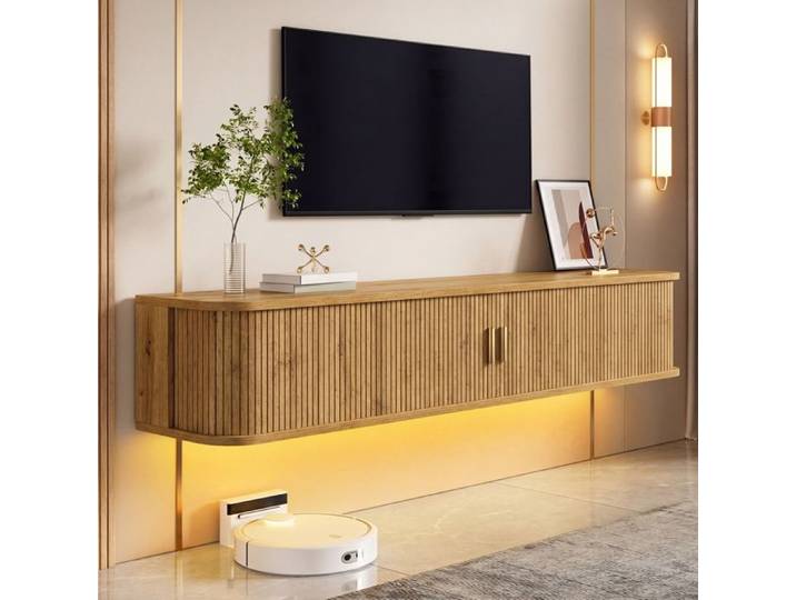 Meuble TV Suspendu Flottant avec éclairage LED Meuble TV Mural Moderne Banc TV avec 1 Tiroir et 2 Portes Coulissantes 175x30x30cm