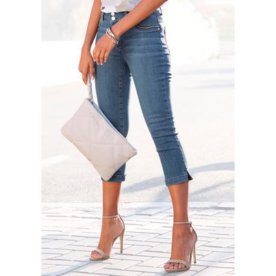 Caprijeans LASCANA "mit kleinem Beinschlitz", Damen, Gr. 36, N-Gr, blau (blau, washed), Denim/Jeans, Obermaterial: 98% Baumwolle, 2% Elasthan, figurbetont 3/4-Länge, Jeans, mit verzierten Taschen, elastische 7/8-Jeans aus Baumwolle, Sommerhose