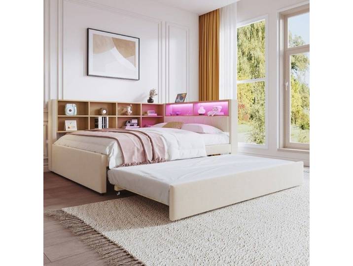 Canapé-lit convertible - PAGE Living - 140x200 + 90x190 - Flanelle beige - LED & rangements