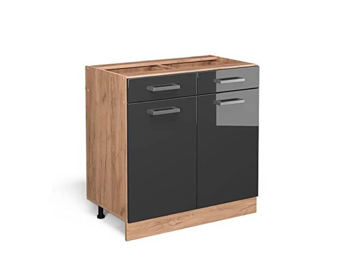 Vicco Küchenunterschrank R-Line, Anthrazit Hochglanz, 80 cm 2 Schubladen · Ohne Arbeitsplatte · Höhenverst. Füße · 2 Türen · Leichter Zugriff