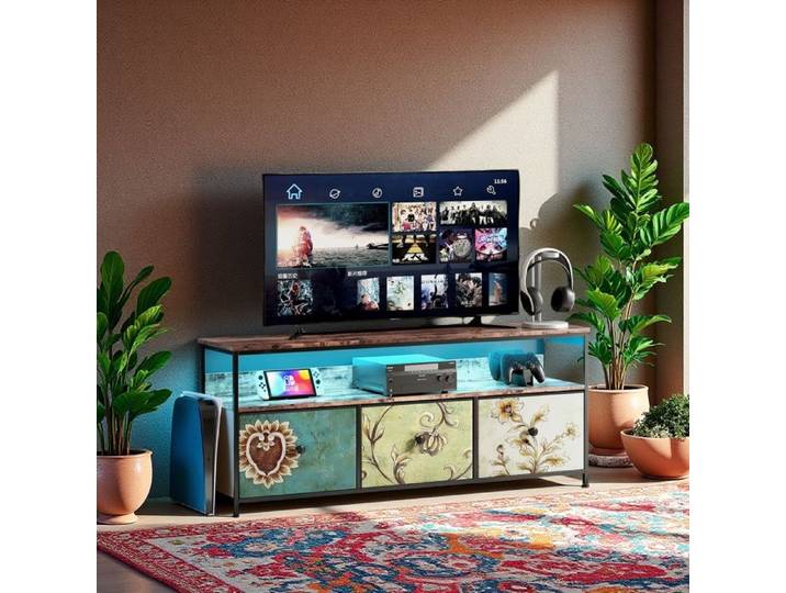 Meuble TV - 137cm - 3 tiroirs colorés - Éclairage LED - Design industriel rétro