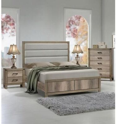 Esofastore Weathered Gray Finish Panel Upholstered Bed Chest 2x Nightstand Set 4pc Furniture