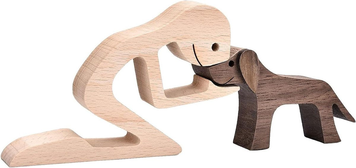 Houten Beeldjes Set van Twee Figuren - Man en Hond - Natuurlijk Hout - Hoogte Man: 7,3 cm, Hoogte Hond: 5 cm