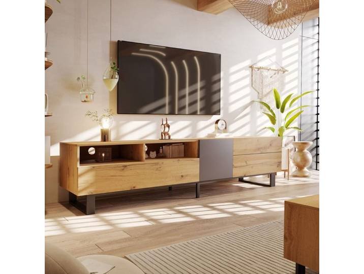 Cabinet de télévision moderne Colorblocking Cabinet TV doté de revêtement en bois 180cm doté de rangement intégré