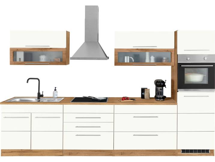 Küchenzeile KOCHSTATION KS-Wien , weiß (küche: weiß, front: weiß, korpus: wotaneichefarben, arbeitsplatte: wotaneichefarben), B:340cm T:60cm, Komplettküchen-Sets, Küchenzeile, Breite 340 cm, wahlweise mit E-Geräten und Induktion