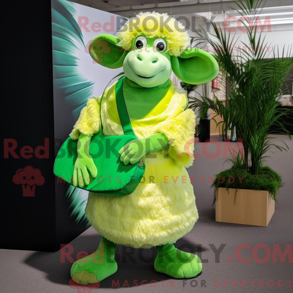 Maskottchenfigur REDBROKOLY eines limettengrünen Widders mit Bikini und Clutch
