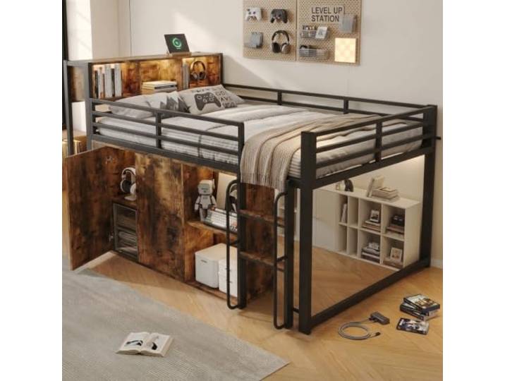 Elaimoros Metallbett 120 x 200 cm, Hochbett in Schwarz mit Holzoptik, mit Stauraumschrank, offenen Regalfächern, Leiter