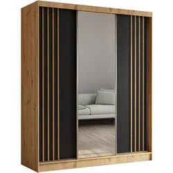 KLEIDERSCHRANK mit Spiegel-Schiebetüren und Aluminium-Leisten - NALLA - 180 cm Artisan+Schwarz+Artisan