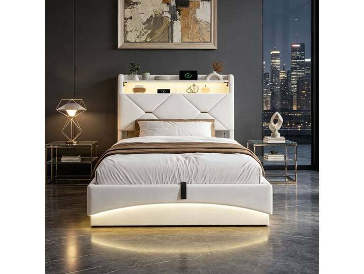 Lit coffre 90x200 cm avec coffre de lit et sommier à lattes LED ondulée USB cadre de lit 90x200 tissu en velours beige