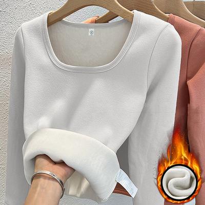 Retailers Go Tops Square Collar Fleece Basic Pullover, Women's Long Sleeve Top, Fashion Thermal Shirt Winter Clothes Woman white xxl