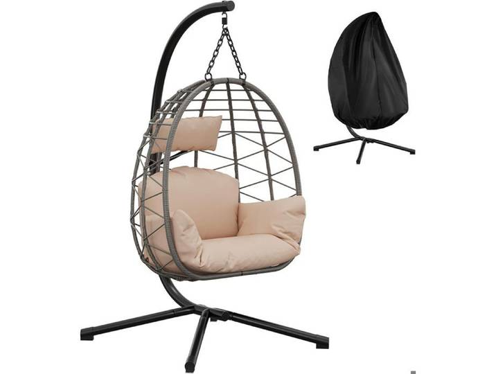 Fauteuil oeuf suspendu - TOYS S - intérieur et extérieur - panier pliable - coussin rembourré - cadre en acier - beige