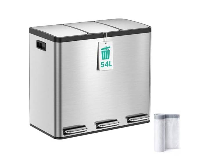 Mülleimer Küche 3 x 18L Recycling Mülleimer Mülleimer für Recycling und 3 Fächer Soft-Close-Deckel, Pedale, Inneneimer, Edelstahl Treteimer Mülleimer mit 15 Müllbeuteln, Space Silver