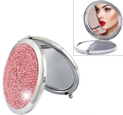 Inspired Deals Dabond Compact Makeup Mirror Diamond Metal Portable Makeup Mirror Double Sided Folding Round Mirror pink