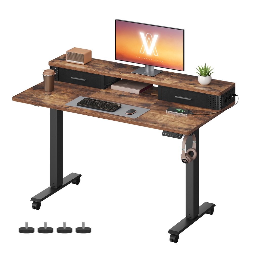 VASAGLE Höhenverstellbarer Schreibtisch elektrisch mit Monitorständer vintagebraun LSD182X01