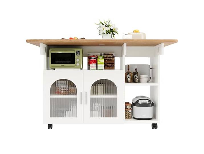 Ropilly Mobile Kücheninsel, Rollbarer Küchenwagen mit Stauraum, Moderner MDF Küchentrolley für Küche und Essbereich (White-a, Kücheninsel mit Haustierbereich)