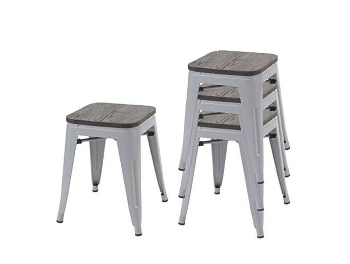 Mendler 4er-Set Hocker HWC-A73 inkl. Holz-Sitzfläche Metall - grau Metallhocker, Sitzhocker, Industriedesign, stapelbar