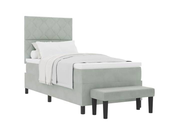 KTHLBRH Boxspringbett mit Kopfteil hellgrau 200 x 90 cm Samt Kopfteil aus hochwertigem Samt, mittelfeste Matratze, Holzstruktur, modernes Design, leicht zu reinigen
