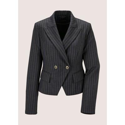 Jackenblazer MADELEINE "Blazer Nadelstreifen-Blazer in Kurzform", Damen, Gr. 38, schwarz (nebelblau, beige), Modern, regular fit, V-Ausschnitt, Blazer
