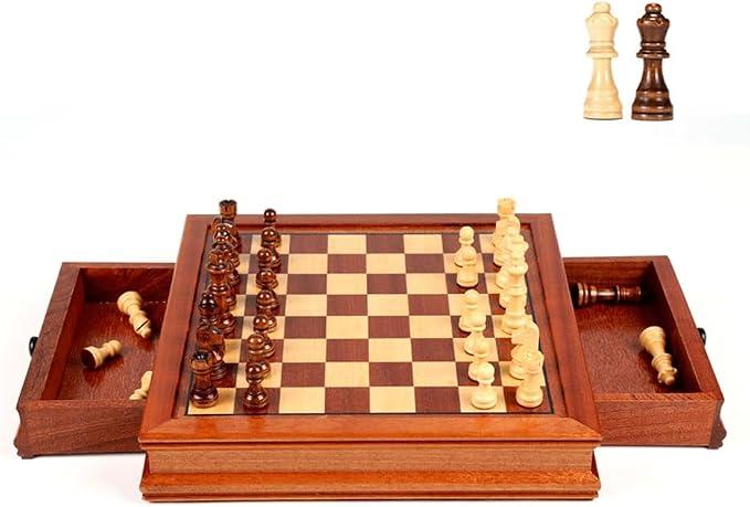 Schachspiel Magnetisches Schachspiel Handgefertigtes Schachbrettspielset aus Holz mit 2 Schubladen zur Aufbewahrung von Schachfiguren aus Holz, 2 zusätzlichen Königinnen, Internationales Schach (Farb