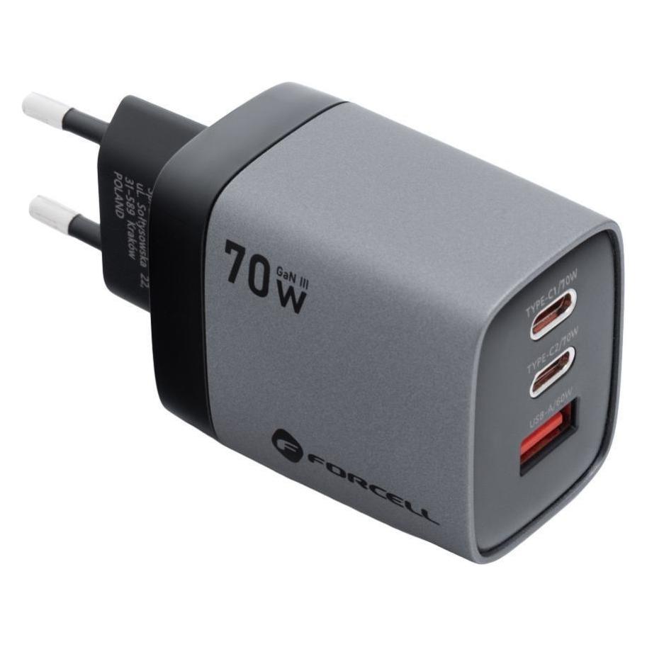 Forcell Ładowarka F-Energy GaN III sieciowa 1x USB-A 2x USB-C 70W Szara (70 W, 3 Ports) (292284)