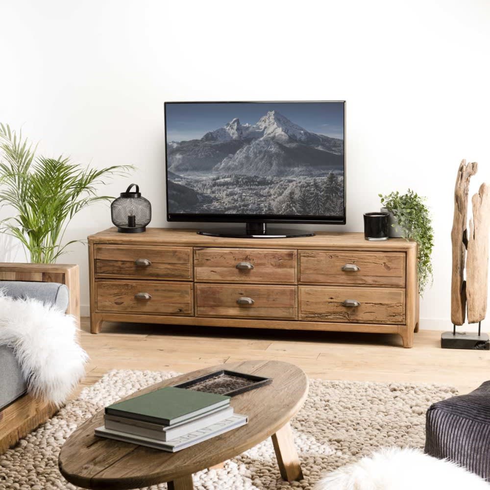 MACABANE Meuble tv 6 tiroirs en pin recyclé Marron 181x55x45cm