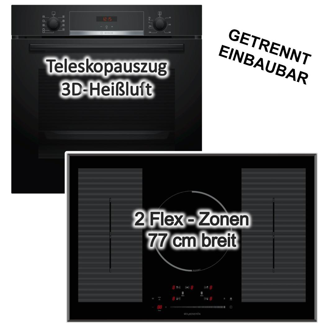Herdset Einbaubackofen BOSCH Hydrolyse Teleskopauszug EcoClean + Wolkenstein Induktionskochfeld 77cm Flexzonen