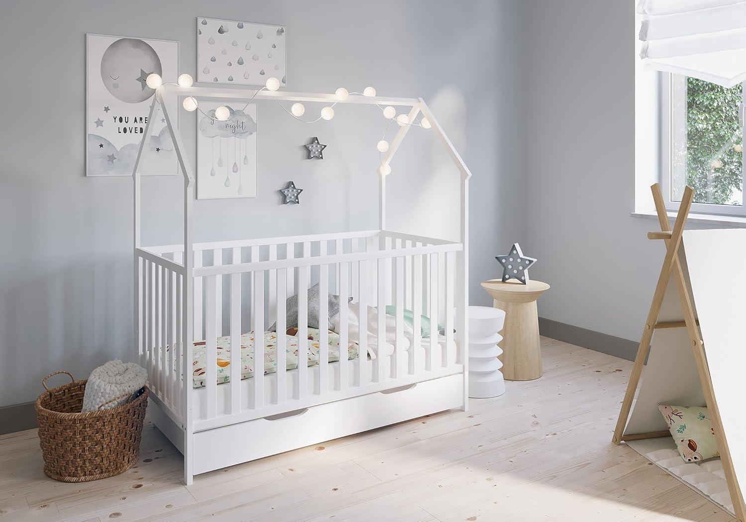 Hausbett Schlafmütze für Kinder mit Schublade, weiß lackiert, 140x70 cm, aus massivem Kiefernholz (ohne Matratze, mit Schublade)