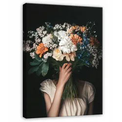 LEINWAND BILDER Frau Blumen Vintage Schwarz 60x40